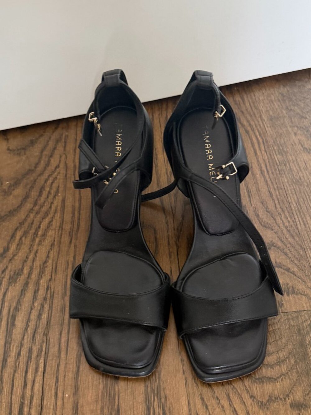 Tamara Mellon Black Wedge Sandals Ankle Strap Size 9